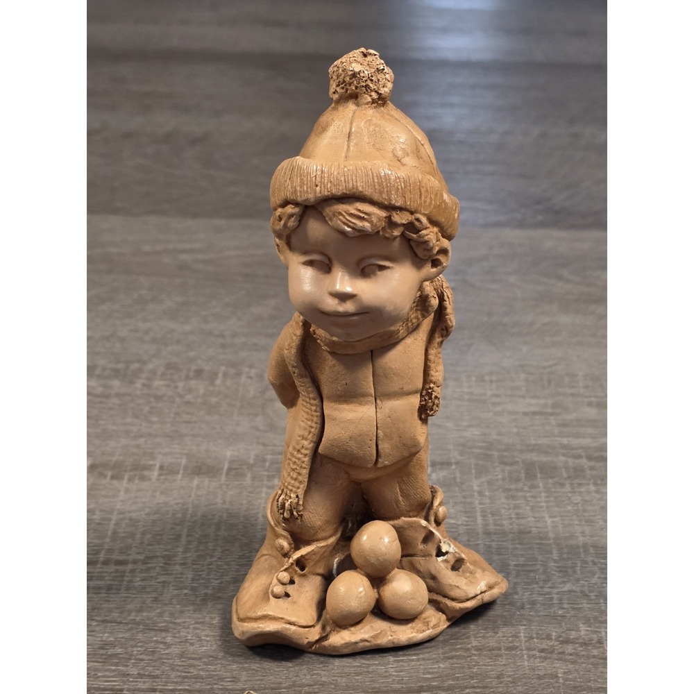 Vintage Lee Bortin Original Boy Snowballs Clay Figure Sculpture Winter Mischief